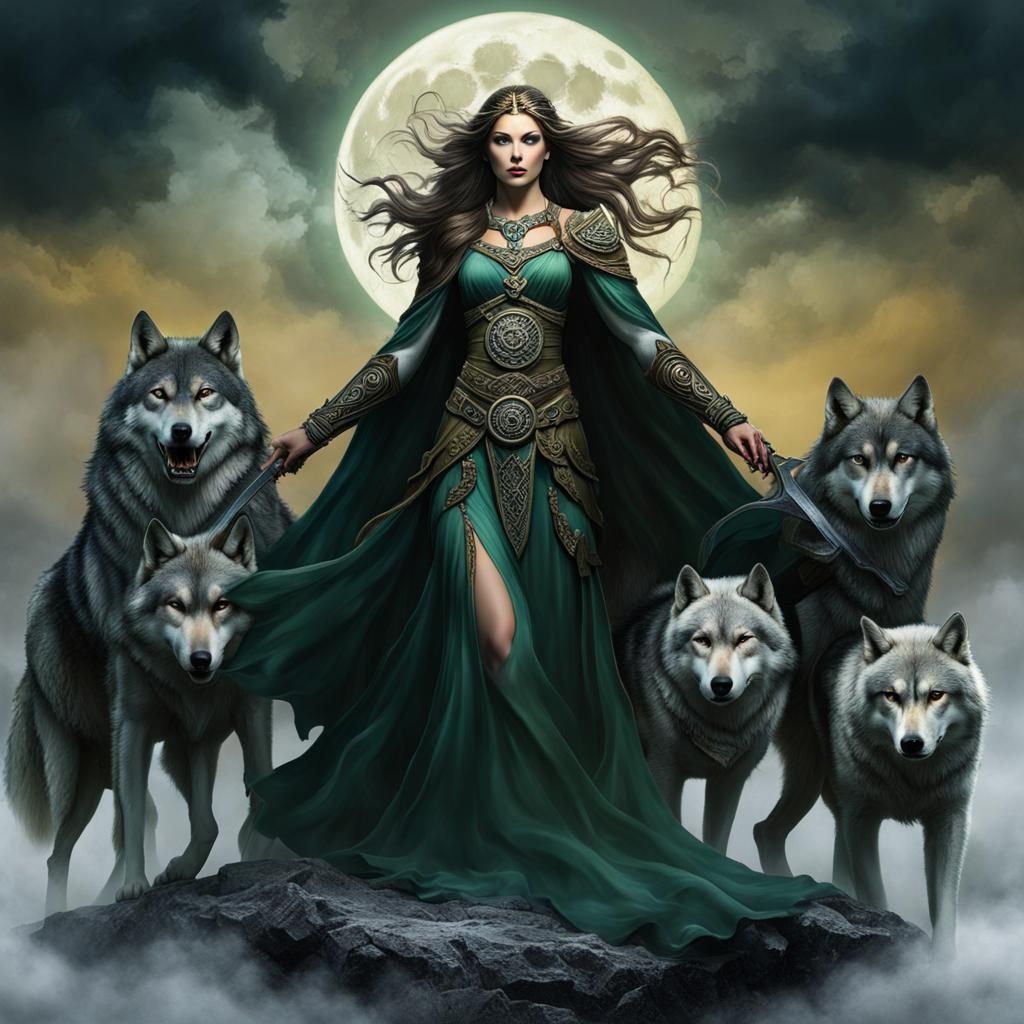 a celtic goddess war phantom valkyire with two Angry wolves,...
