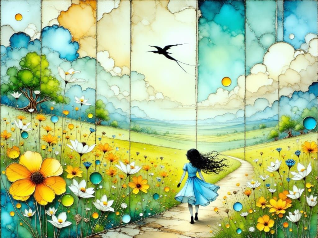 Vibrant Wildflower Meadow with Glass Cubist Relief