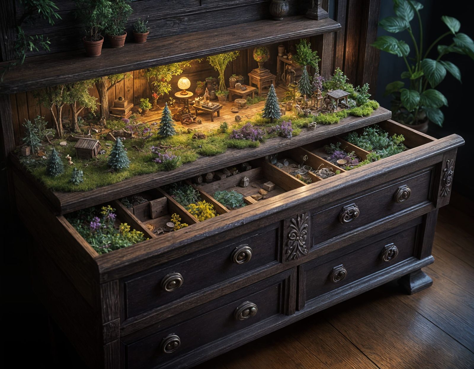 A full forest grows inside an antique wooden drawer.   by @Susan