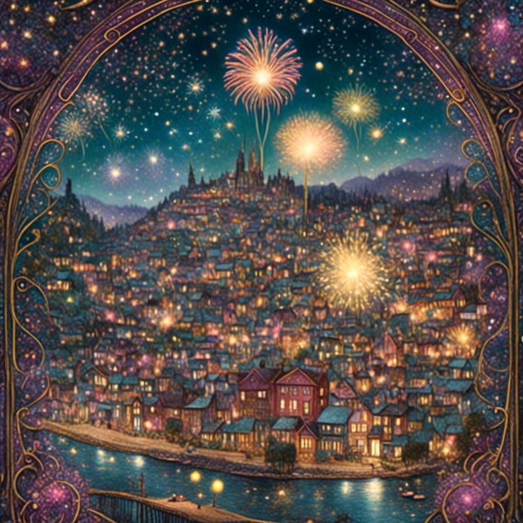 4th of July  themed Virginia  town with fireworks Detailed 1800s storybook illustration <lora:1800 Storybook:1.0> on cold-press paper, Louis...