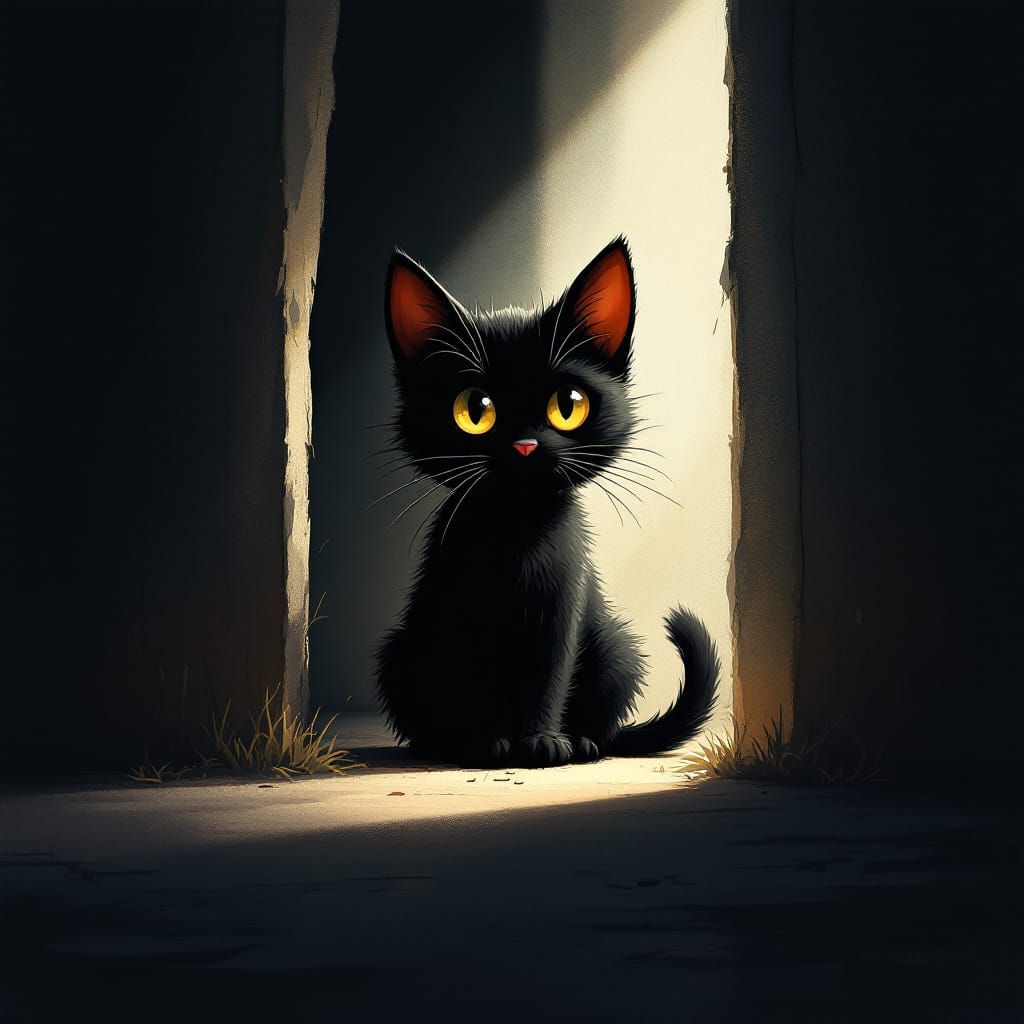 Cute Black cat hiding in the shadows, semi-darkness, ray of light