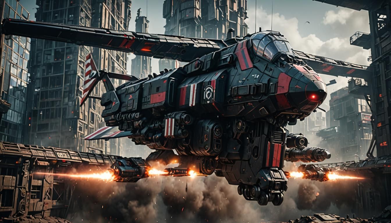 Gunship.Massive.Dystopian.Armed, Sci-fi.Black colors with re...