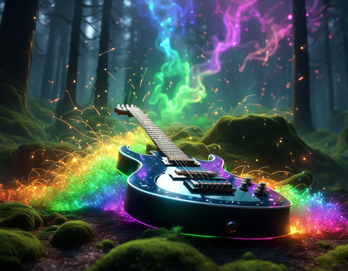 many glowing strands of electric vibrating guitar strings , ...