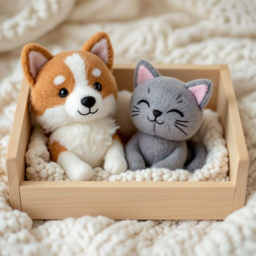 Felt Dolls of Spitz Dog and Cat in Bed