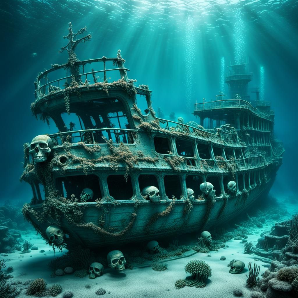 Underwater shipwreck with  skeletons