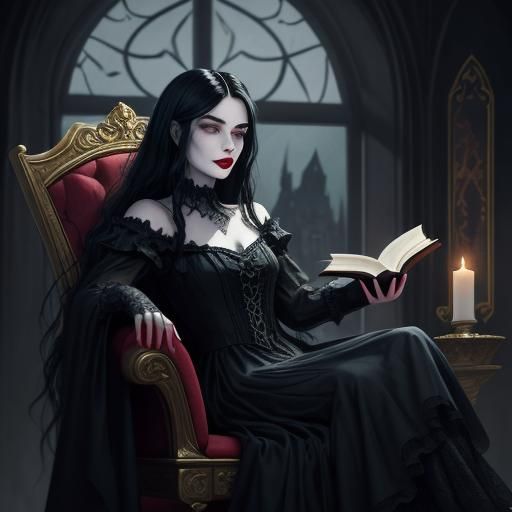 Regal sereine female vampire with long black hair, red lips,...