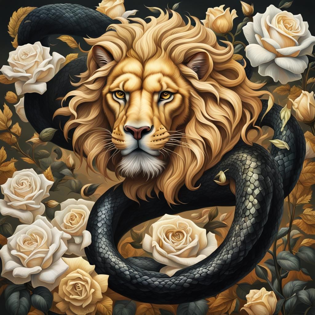 Golden Lion and Black Snake with Roses