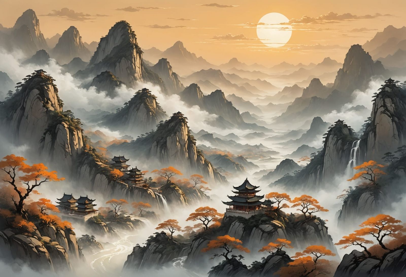 Concept art. A great style illustration Chinese style of a serene and epic landscape. Medium shot. Traditional ...  by @Mthatha CHUMA 