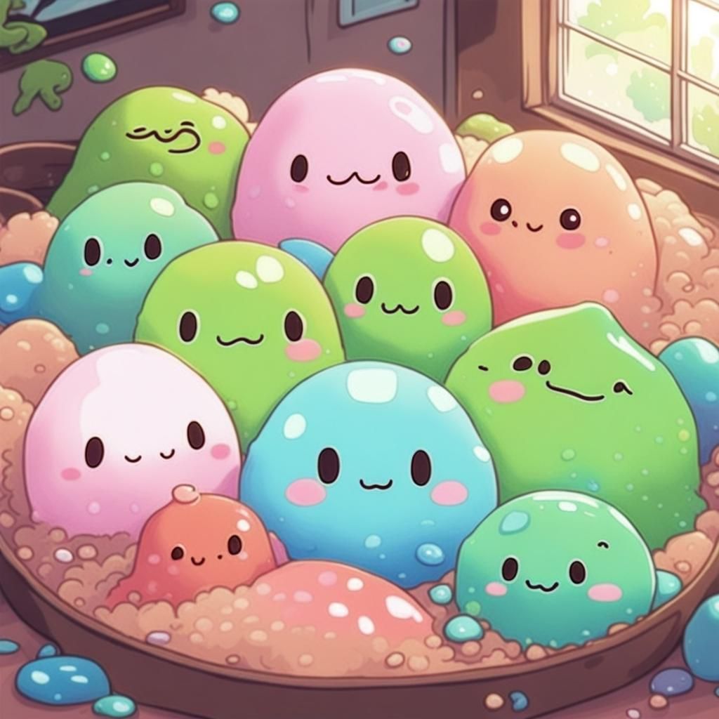 a photo of a bunch of cute tiny slimes relaxing