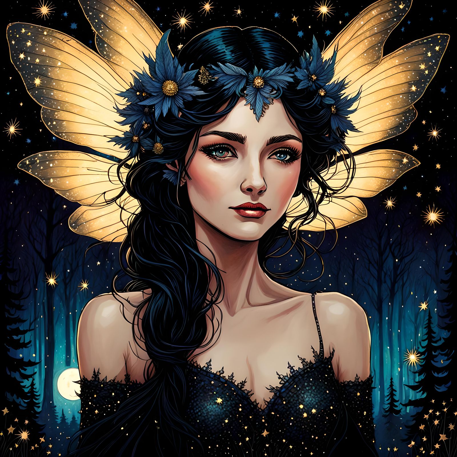 Beautiful portrait, Fairy of the night with perfect wings,  ...