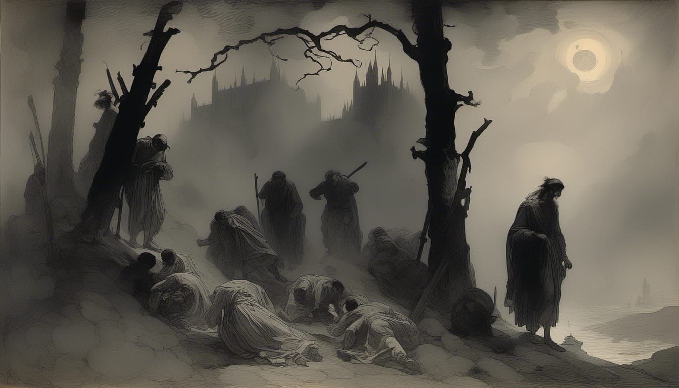 "Spirits in the mist", liminal, Ominous, Nightmarish, Menacing, Intricately Designed, Elaborate, Complex,Scenic, Hyper-detailed, Stygian, Fr...