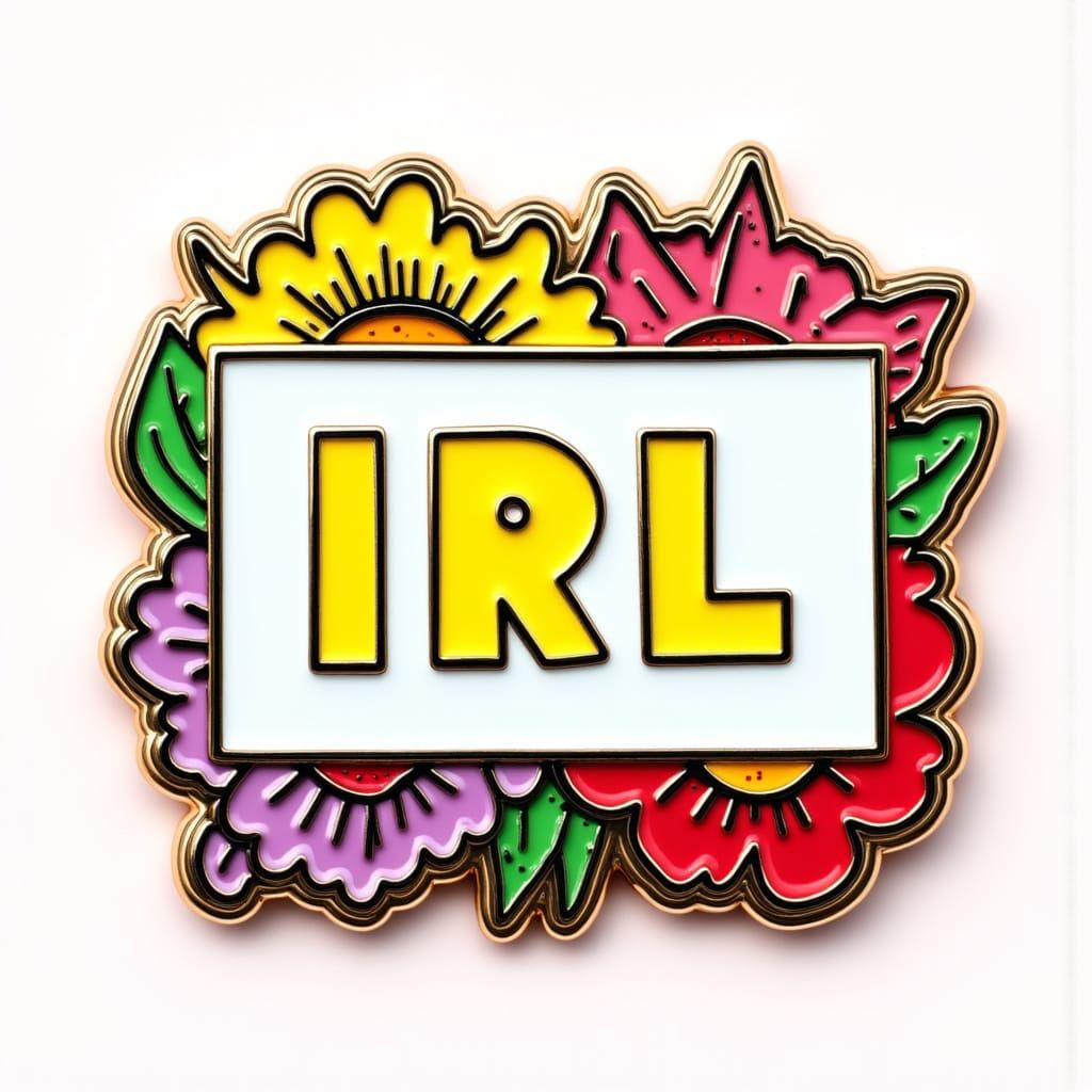 An enamel pin that says "IRL" in the style of bright colors and bold lettering, with a white background, rectangular shape, and a colorful, ...