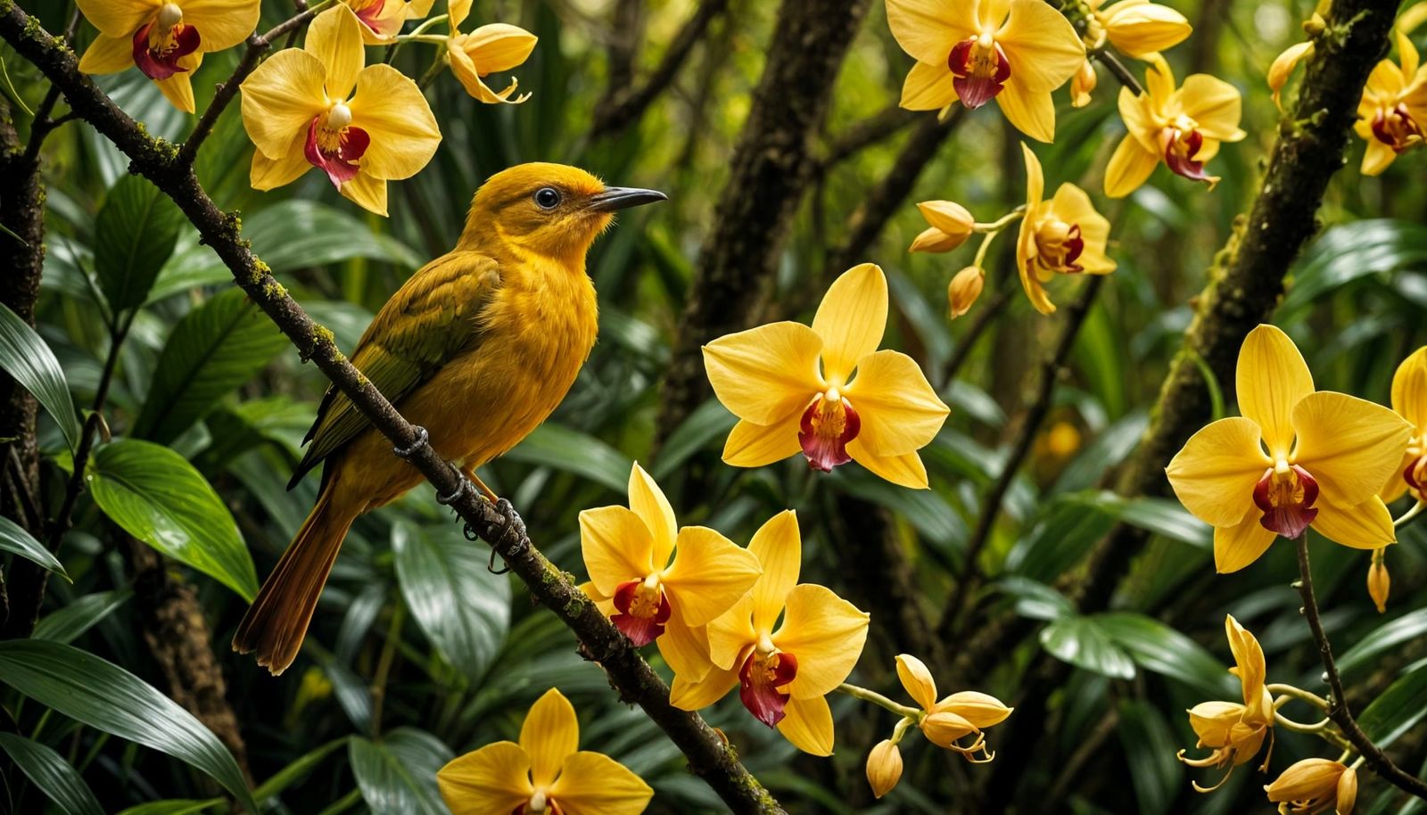 Royal Flycatcher Perched Amidst Lush Yellow Orchids  by @The Leycer