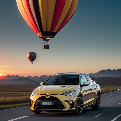 Multicolored Balloons Carry Car Over Forest at Sunrise