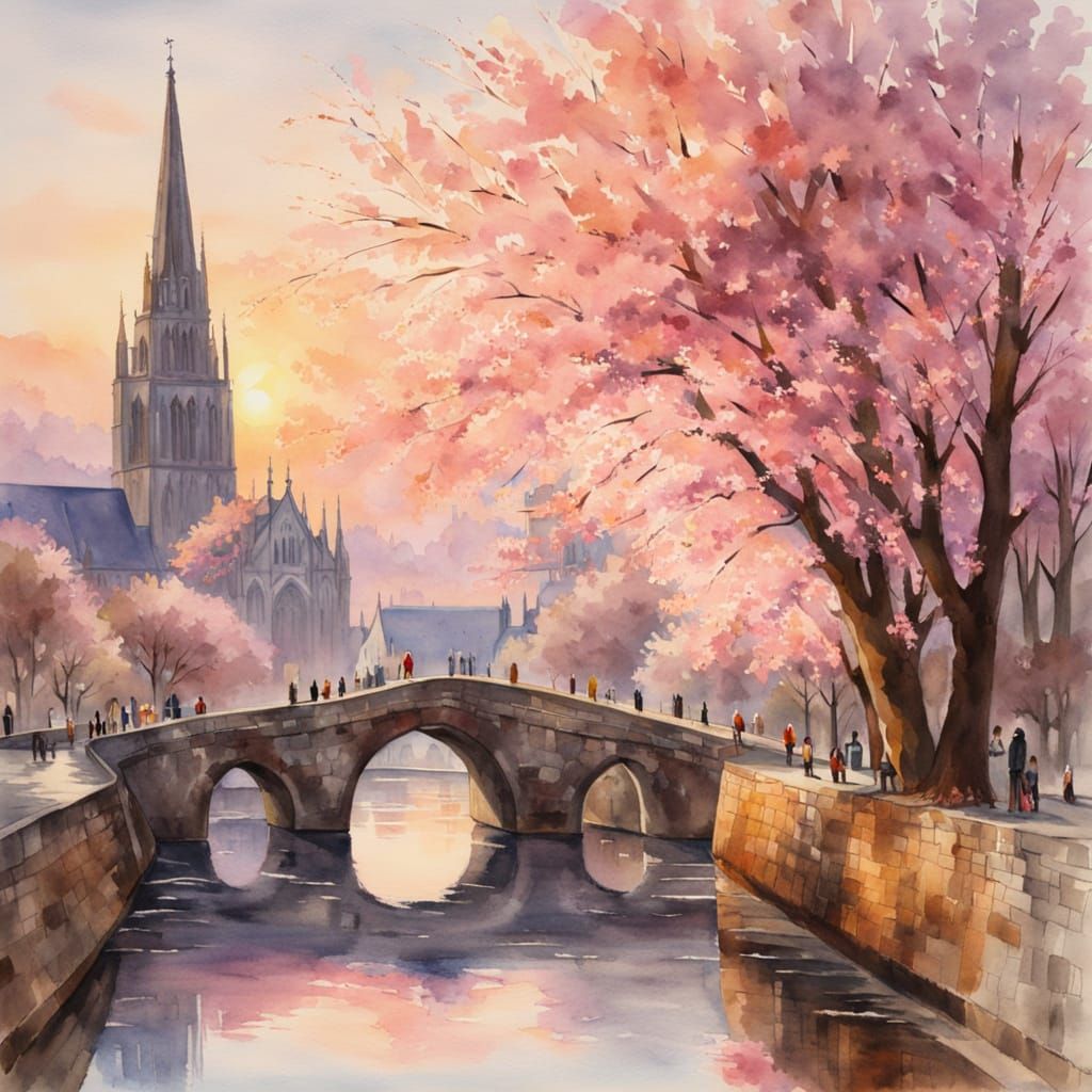 A picturesque watercolor painting of a European canal city at dawn, featuring a stone bridge, vibrant ...  by @Mike