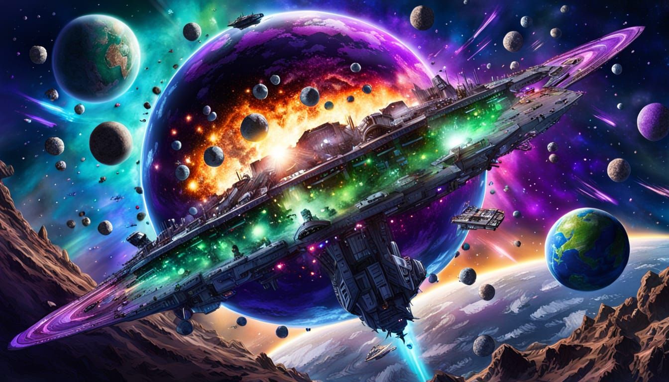 a globe shaped science starship studded with various probes juxtaposed against a black space filled with ...  by @Ed Evans