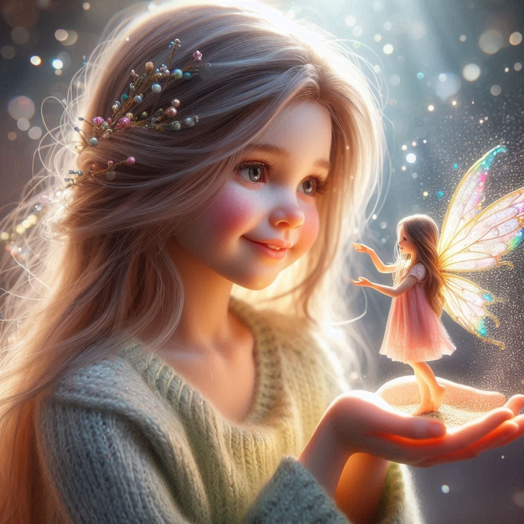 girl holding a fairy.
