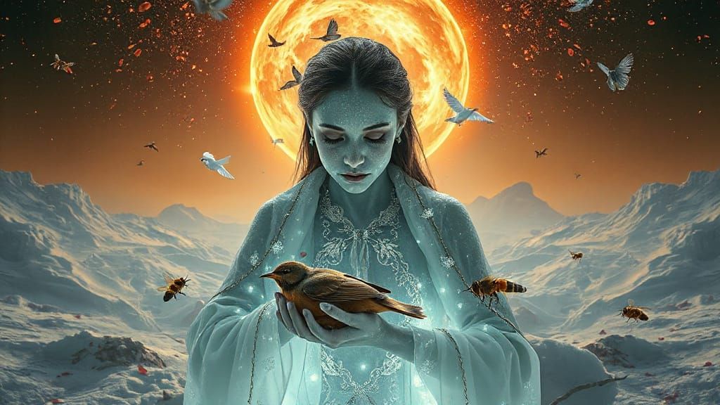  A mystical shaman, skin like burnt ice, stands within a bioluminescent frozen oasis, a labyrinth of music surrounding her. Snow embraces a ...
