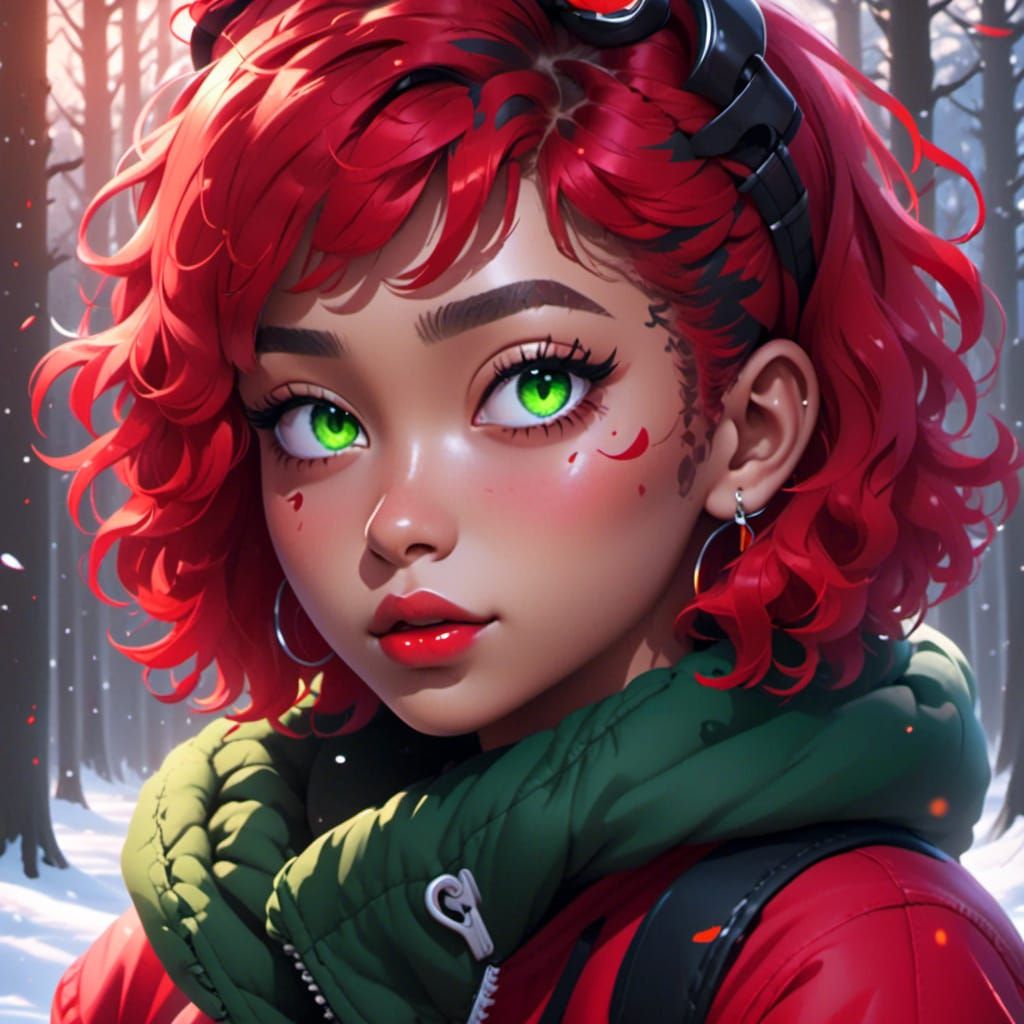 <lora:Eunhagye Bijeon XL:1.0>,, Goth Beautiful Woman, Short Curly Red Hair, Green Multilayered Eyes, Sharp Eyebrows, Forest, Snow, detailed...