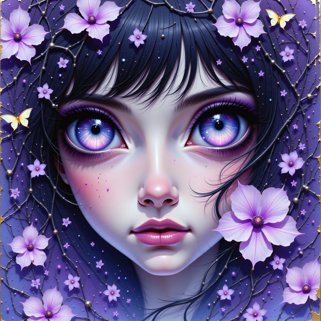 Dreamscape. Medium shot. A mystical woman with large expressive blue-violet eyes and dilated pupils, surrounded by lush silver jasmine flowe...