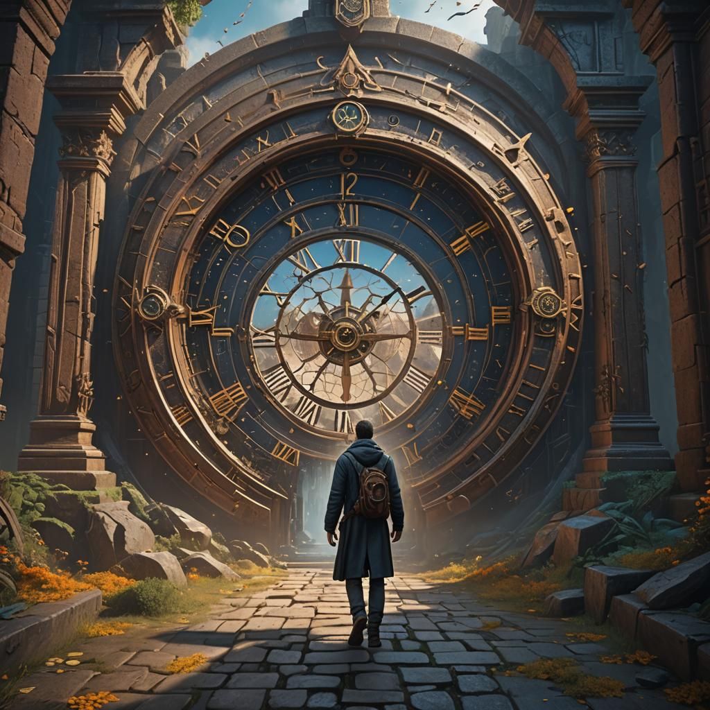 Man Enters Clock Portal: Detailed Fantasy Art