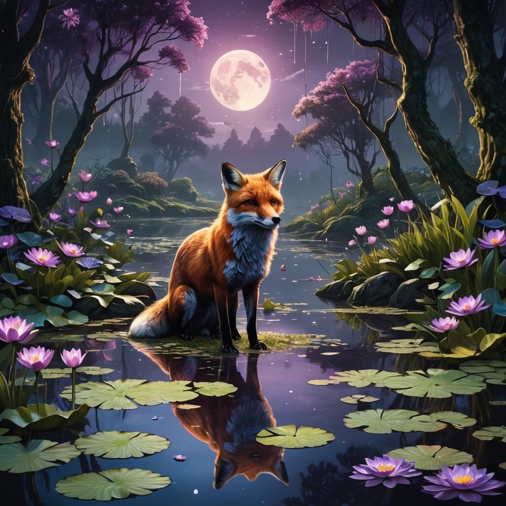 Glowing Silver Fox in Moonlit Forest