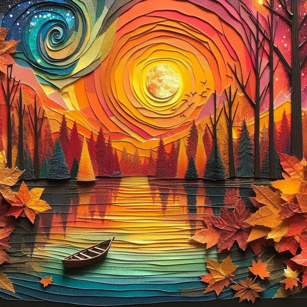 Autumn landscape in mixed-media collage