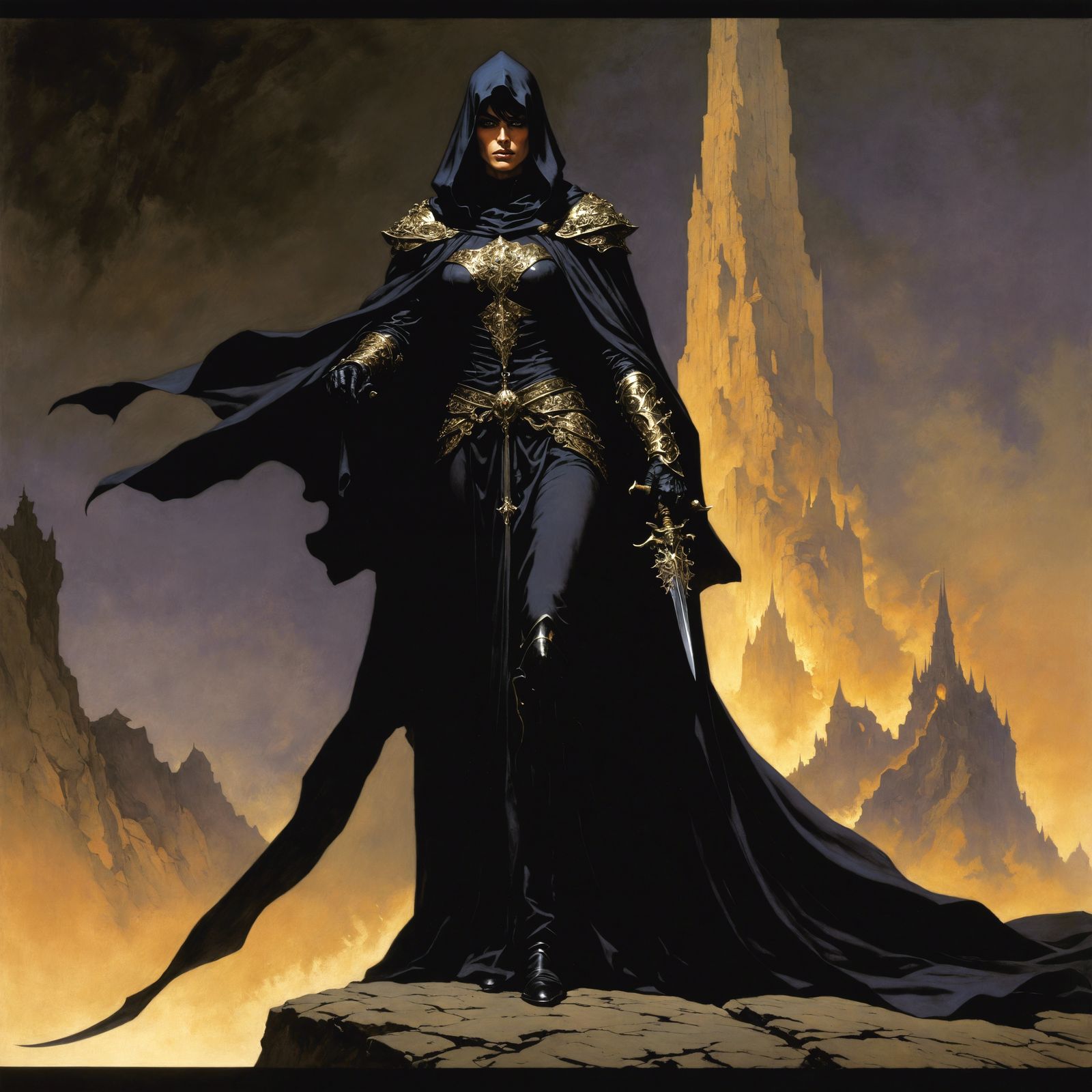 art by Bernie Wrightson, Boris Vallejo, Frank Frazetta, androgynous black mage-paladin, 1970s dark fantasy, fluid and el...