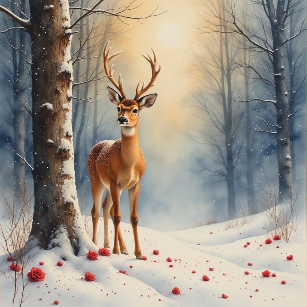Winter, snow flakes, snow,  forest, gorgeous little deer, watercolor painting, oil on canvas, red roses with ice, Flickr, DeviantArt, 38k re...