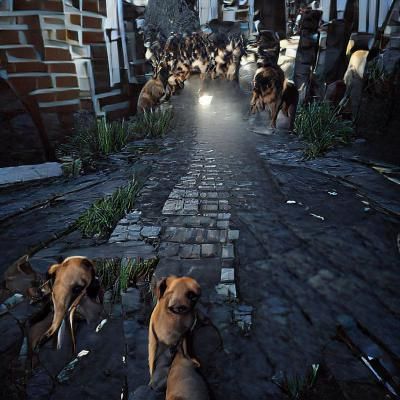 a dark street with thousands of dogs chasing you Cry