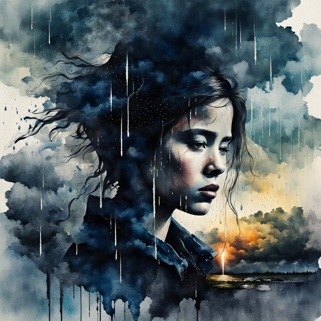 (Dark & Moody Watercolor Art (Double exposure: 1.5) depicting (portrait of insanely beautiful but sad, ...  by @Steph