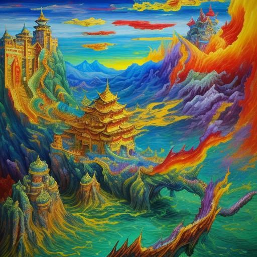 Oriental Dragon Palace in Expressionist Oil Painting