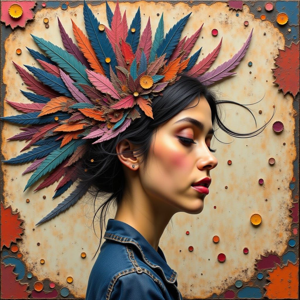 <lora:kak-strangecollage:1.0>Mixed media textures, woman bird