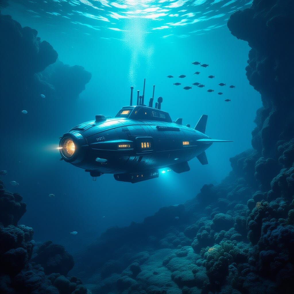 A punkoïd bioluminescent submarine drifts through a deep-sea trench, its tendrils illuminating ancient, forgotten ruins on the ocean floor. ...