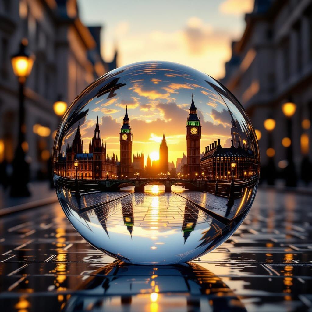 Glass Sphere Encasing Miniature London Cityscape in Golden L...