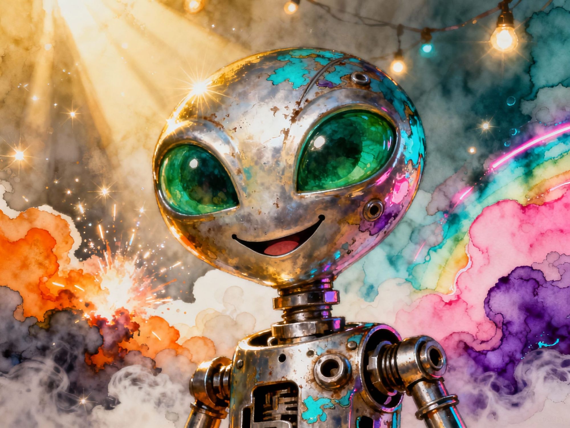 Close up, a very cute funny   metallic enameled  alien made out of metal parts and pieces.  Smiling with big green eyes super cute .hyperrea...