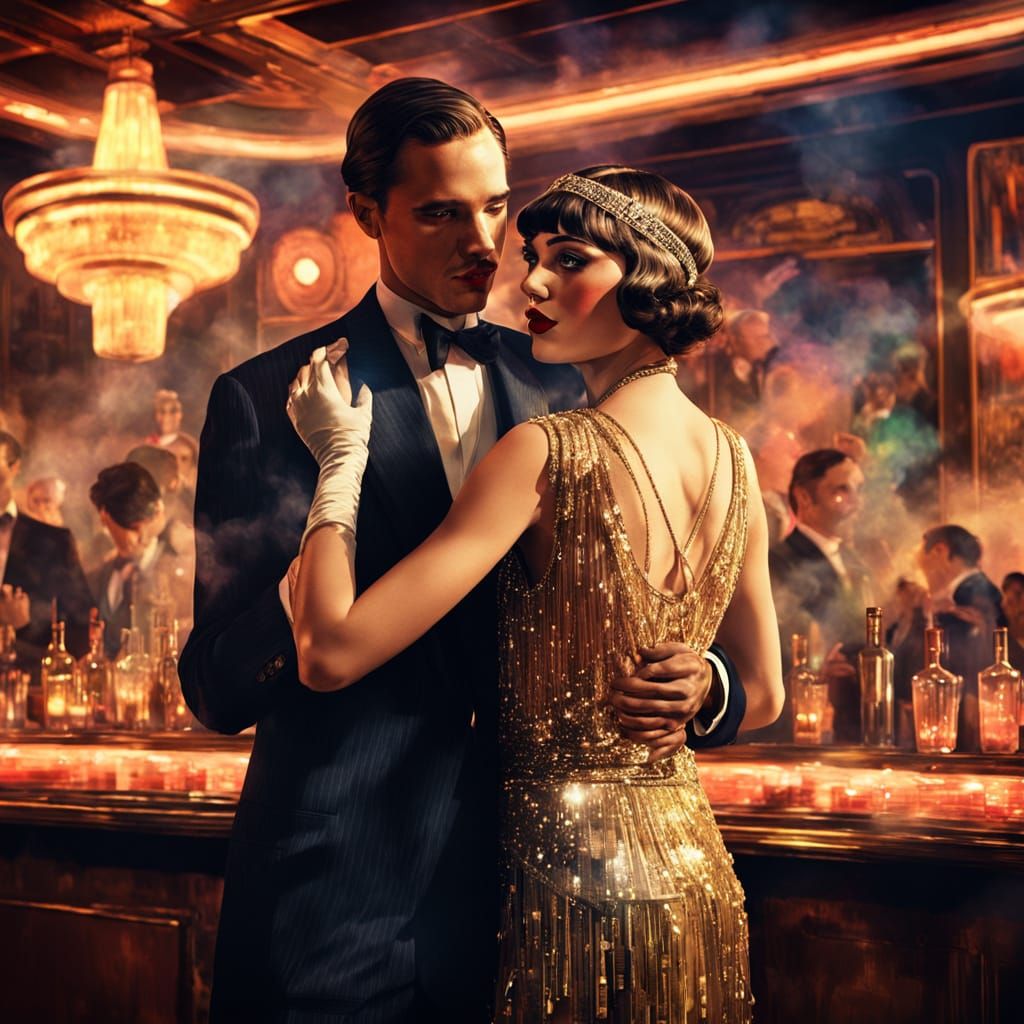 Art Deco Flapper Couple in Watercolor Style