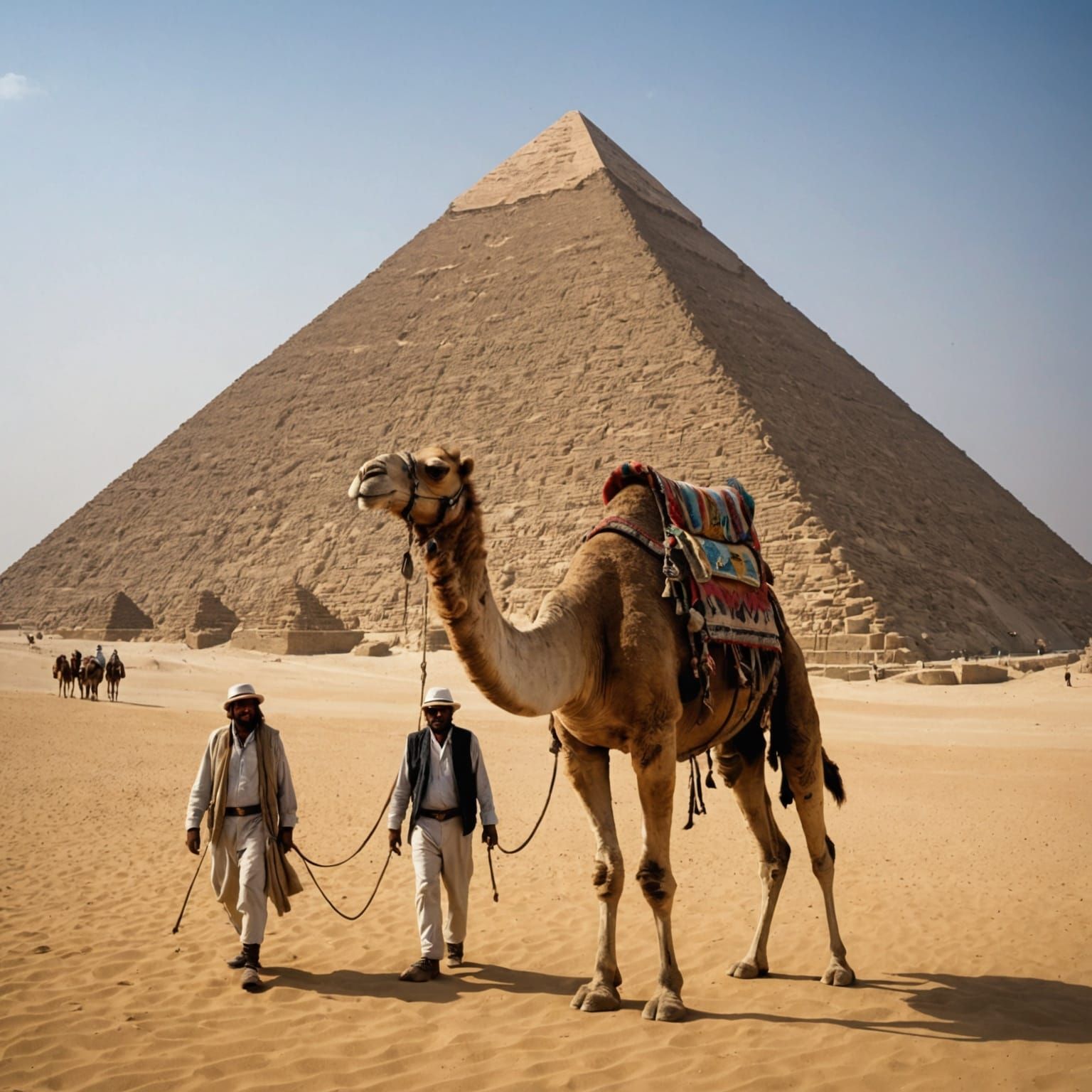 arafed camels and a man walking in front of a pyramid, great pyramid of giza, golden pyramids, pyramids of egypt, pyramids of giza, pyramid...