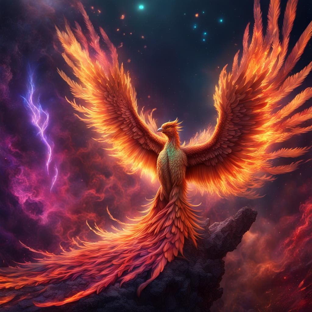 a holographic phoenix rising from cosmic ashes, its feathers...