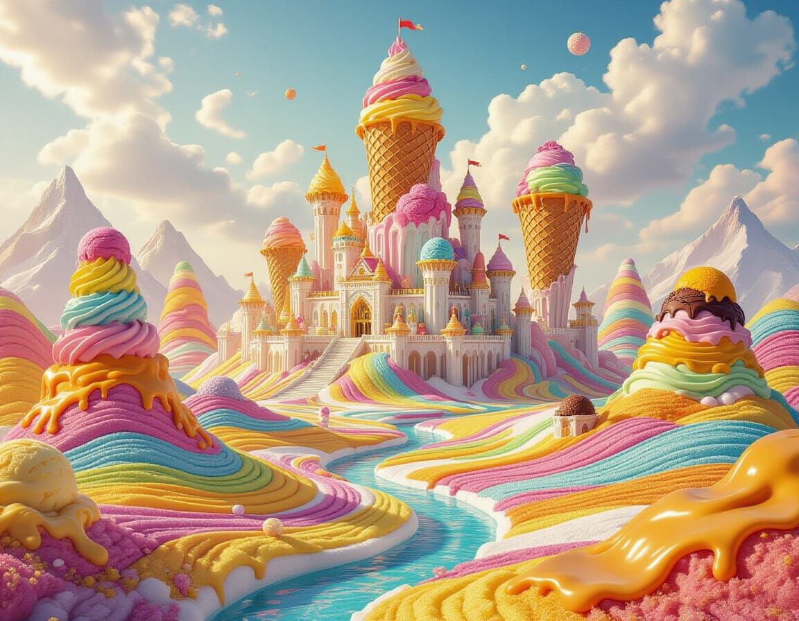 A dazzling, fantastical world sculpted entirely from vibrant ice cream and swirling sugar landscapes. ...  by @Nomad Dreamer