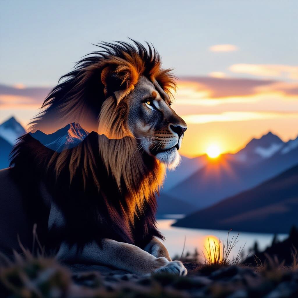 Lion Silhouette Double Exposure with Majestic Landscape