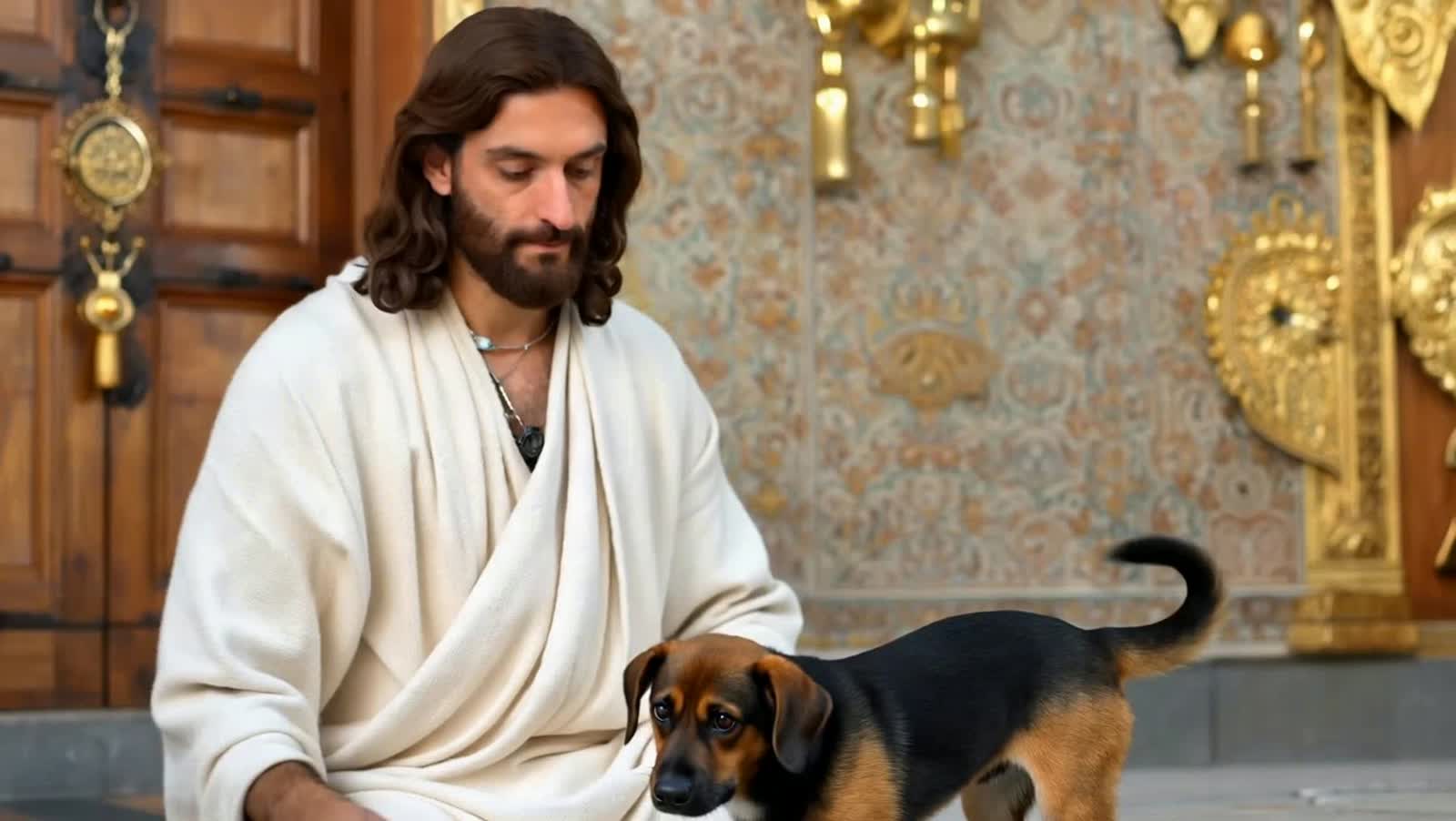 Jesus picks up and hugs a pug, realistic