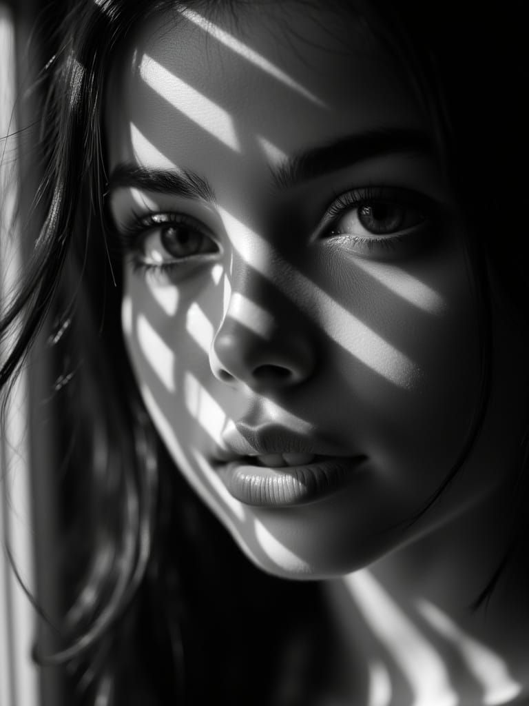 <lora:Double BlackWhite v1:1.0> Close-up black and white portrait of a beautiful young Spanish woman. She is near a window and the blinds cr...