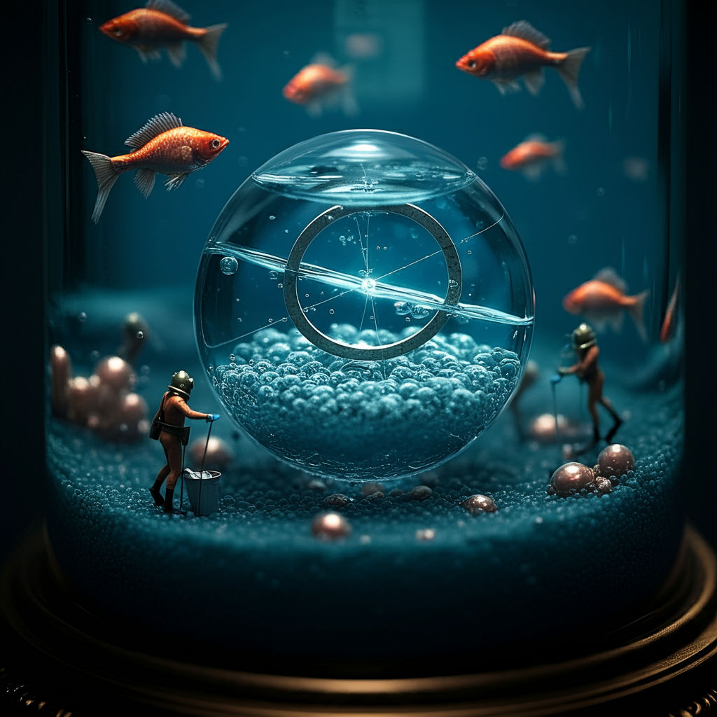 Victorian-style fish tank containing liquid spacetime