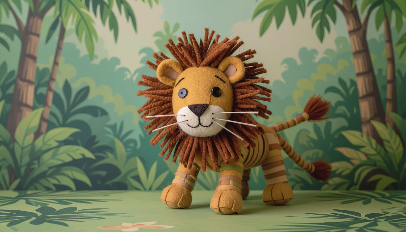 Primitive doll and lion made from twigs, Sticks, felt, twine, photographed against a paper backdrop of the African jumgle - Start Image 2