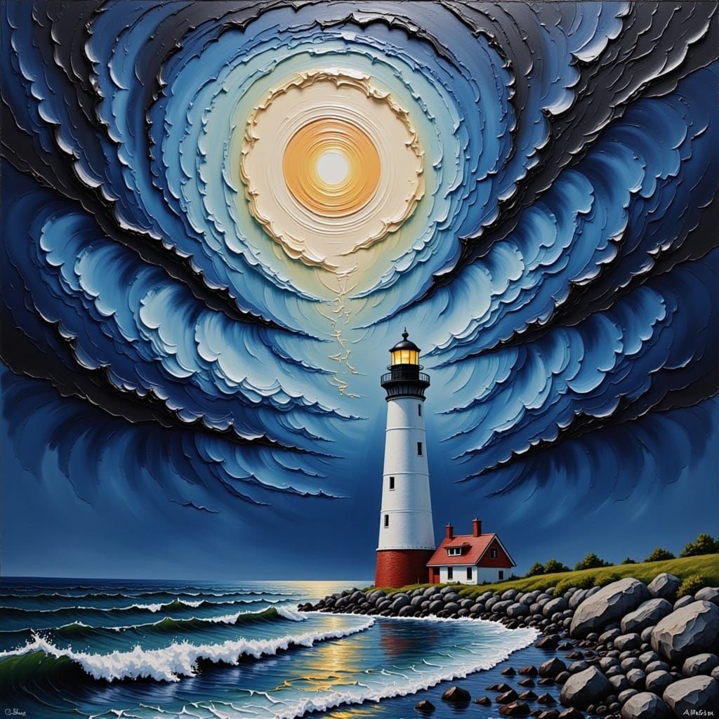 Lighthouse in Raging Thunderstorm, Thick Oil Paint, hyperrealistic  <lora:Impasto Paint:1.0> 