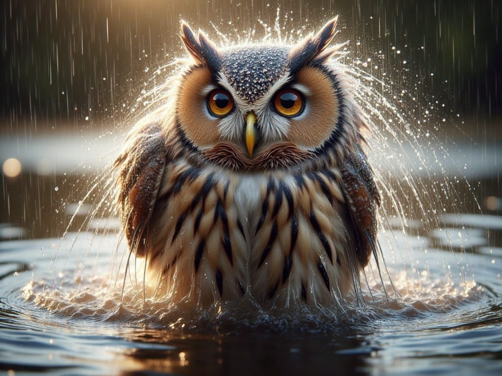 <lora:FiosAnimalsInTheRain:1.0> Owl in the Rain