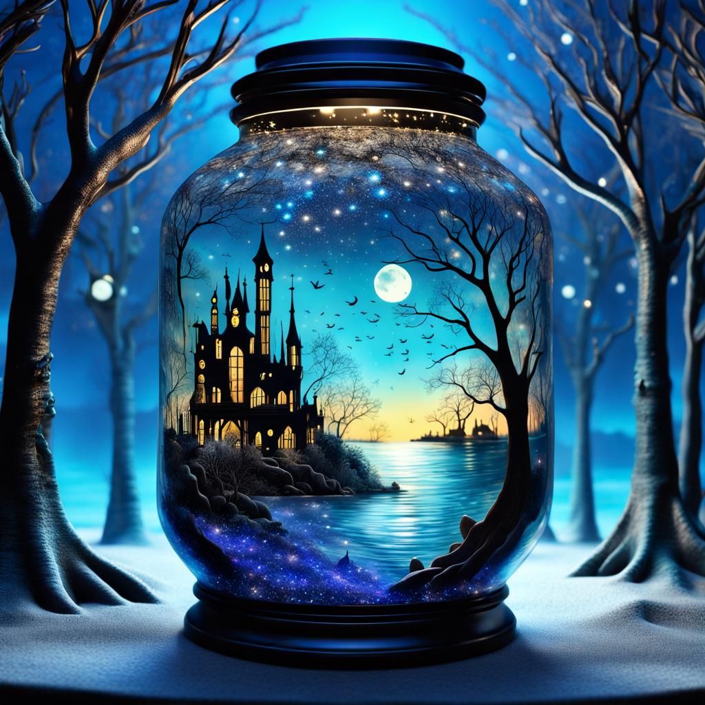 High gothic tim Burton style beautiful large jar with spring beach landscape inside in chaotic city landscape ...  by @Luigi