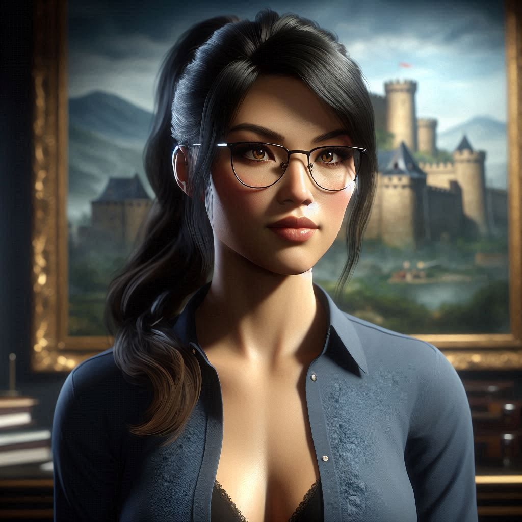 Titaness Kitana near a painting of Carcassonne in a dark roo...