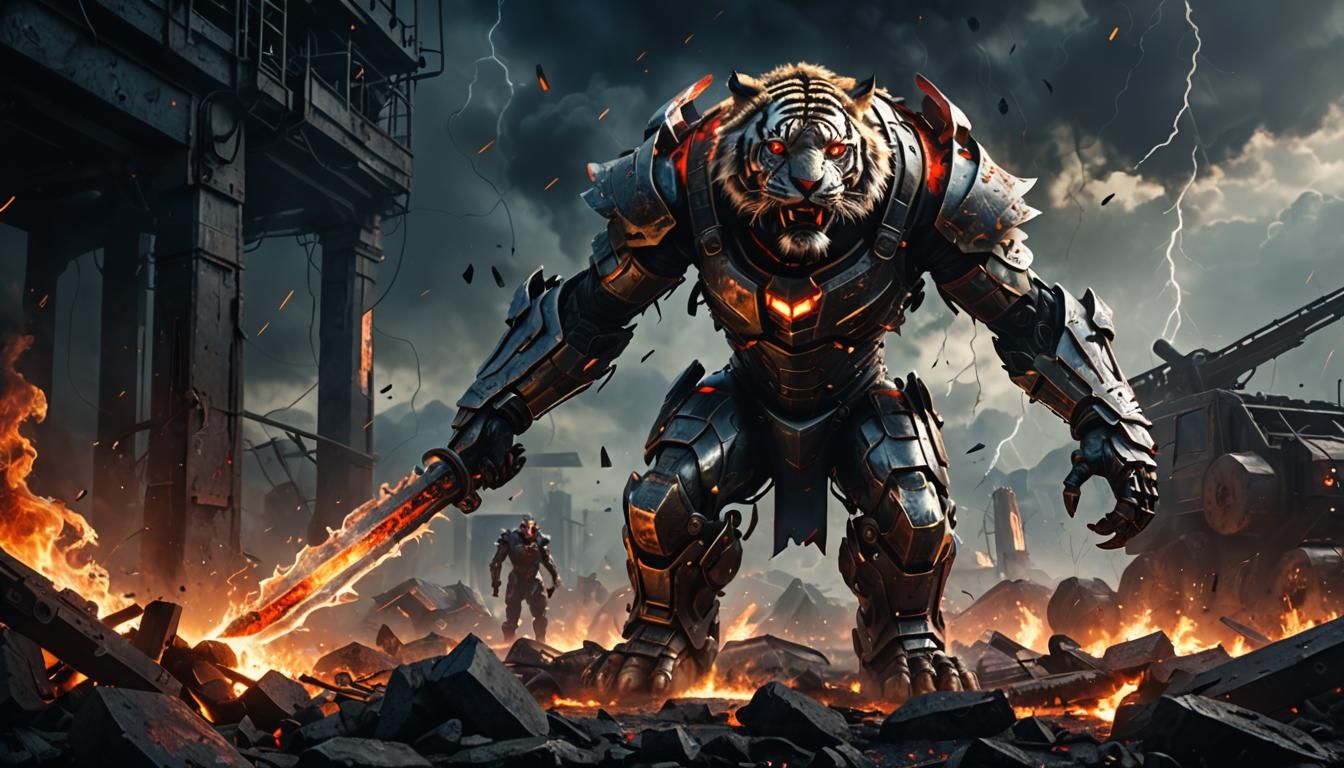 Sci-Fi Tiger Gladiator in a Dark Futuristic Scene